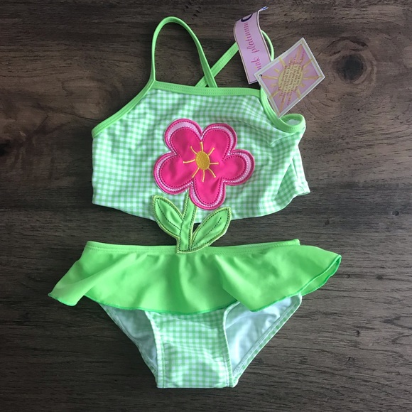 NWT neon gingham flower swimsuit 18 mos - Picture 1 of 2